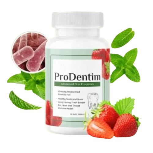 Bottle of Prodentim, and advanced probiotic oral health supplement, promoting healthy teeth and gums , lasting fresh breath and support for ear, nose, throat and immunity .Prsents strawberries and mint suggesting pleasant taste and freshness